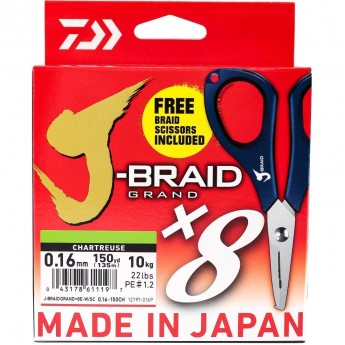 Шнур DAIWA J-Braid X8E-W/SC 0,16мм 135м chartreuse + ножницы Шнур DAIWA J-Braid X8E-W/SC 0,16мм 135м chartreuse + ножницы