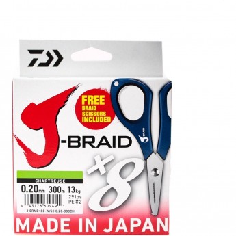 Шнур DAIWA J-Braid X8E-W/SC 0,20мм 300м chartreuse + ножницы Шнур DAIWA J-Braid X8E-W/SC 0,20мм 300м chartreuse + ножницы
